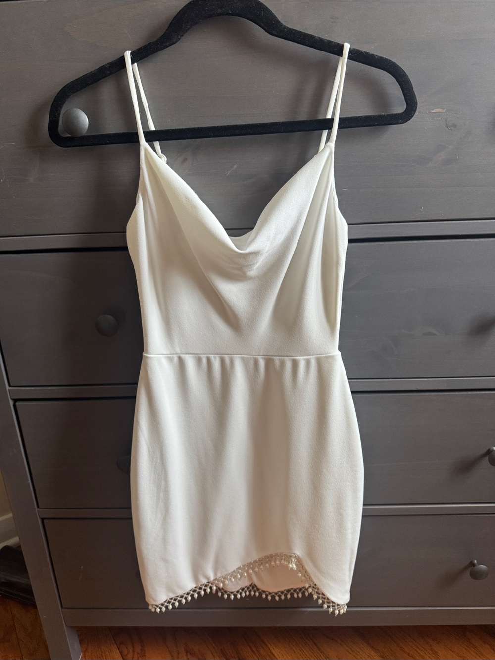 City Studio Ivory Cowl Neck Mini Dress with Bead Trim